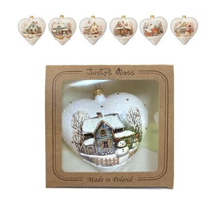Игрушка елочная стекл. сердце декупаж "Домики" 12см [DQ10], разные рисунки